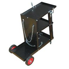 a black cart with red wheels and chains on it