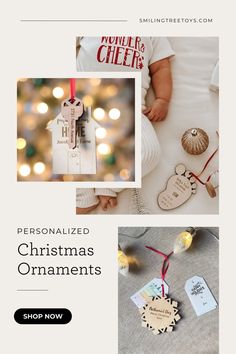 a christmas ornament with the words personalized on it and an image of a baby