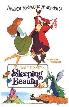 a movie poster for sleeping beauty with two women in costume and one man wearing a red coat