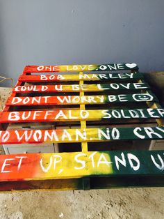 a group of wooden signs sitting on top of a floor