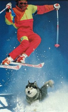 a man riding skis down the side of a snow covered slope next to a dog