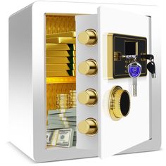 an open safe with money in it and keys hanging from the front door, on a white background