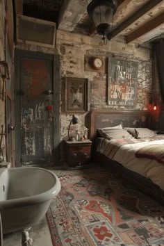 an old fashioned bedroom with exposed brick walls and antique furniture, including a bathtub