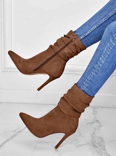 DETAILS Ruched Stiletto heeled Side zipper 4.5" heel Suedette Slouchy Boots, Super High Heels, Zipper Boots, Elegant Shoes, Ankle Strap Pumps, Pointed Toe Heels, Heel Boots, Mid Calf Boots, Rubber Heels