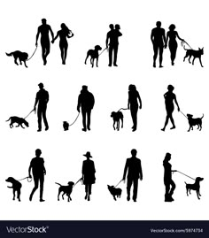 silhouettes of people walking their dogs on a white background eps 8, no mesh