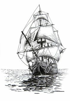 a black and white drawing of a sailing ship