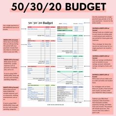 the 50 / 30 budget worksheet is shown in pink