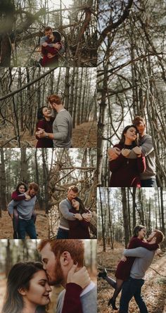 two people are hugging in the woods