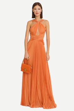 Arabella Chiffon Backless Maxi Dress Wedding Guest Dress Gown, Elegant Wedding Guest Dress Summer, Colorful Wedding Guest Outfits, Orange Evening Gown, Flowy Formal Dress, Orange Gown, Sunset Dress, Pleated Chiffon Dress, Maxi Party Dress