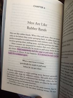 an open book with the words men are like rubber bands written in purple on it