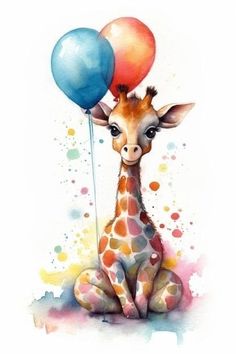 a baby giraffe sitting on the ground holding two balloons