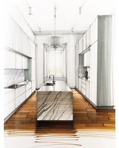 a drawing of a kitchen with white cabinets and wood flooring is shown in this image