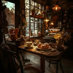 a wooden table topped with plates and cups filled with food next to an open window