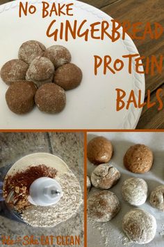 no bake gingerbread protein balls are shown in this collage