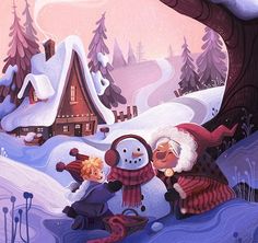 a painting of two children building a snowman in front of a snowy cabin with trees