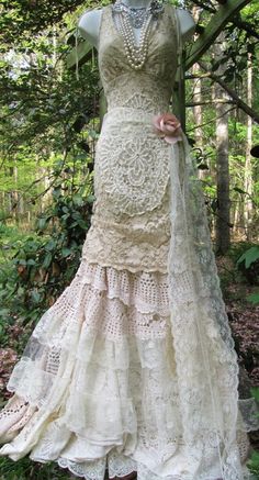 Crochet , lace and tulle maxi length wedding dress Custom made to your measurements Cream Lace Floor-length Wedding Dress, Vintage Wedding Dress With Crochet Lace, Bohemian Lace Fitted Wedding Dress, Bohemian Fitted Wedding Dress With Lace Trim, Bohemian Lace Patchwork For Wedding, Vintage Crochet Lace Wedding Dress, Cream Bohemian Fitted Lace, Cream Crochet Lace Dress For Wedding, Mermaid Boho Wedding Dress