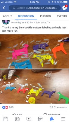 two screenshots of different colored paper animals on a wooden floor with the caption'about discussion photos '