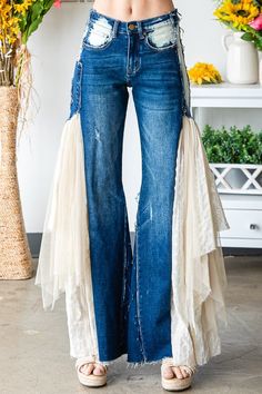 Oli & Hali Wide Leg Lace Jeans in Denim Pants Oli & Hali Cool Denim Jeans, Jeans With Side Panels, Jeans With Lace Bottoms, Diy Wide Leg Pants, Diy Lace Jeans, Creative Pants, Handmade Jeans, Jeans With Lace, Pants Diy