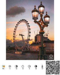 an image of a ferris wheel in the city at sunset with qr code on it