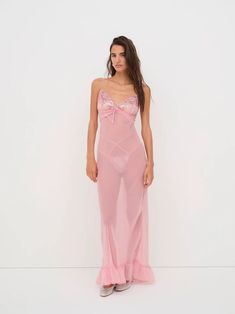 Kristi Maxi Slip Dress — Pink | For Love & Lemons Nightgown Romantic, Cute Nightgowns, Sheer Slip Dress, Pink Nightgown, Pink Silk Dress, Silk Nightgown, Sequin Embroidery, Mauve Dress, Maxi Slip Dress