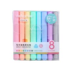 six different colored pens in a package with the numbers 8 and 8 on each side