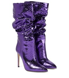 These purple mid-calf boots from Paris Texas are made from shiny python-effect leather and are slouched through the neck. With point toes and stiletto heels, they're a glamorous choice for evening wear. Luxury Knee-high Boots For Winter Party, Luxury Fall Boots For Parties, Luxury Boots For Fall Party, Glamorous Mid-calf Boots For Evening In Fall, Glamorous Fall Evening Mid-calf Boots, Glamorous Evening Mid-calf Boots For Fall, Elegant Heeled Boots With Snake Print And Pointed Toe, Elegant Snake Print Heeled Boots With Pointed Toe, Purple Pointed Toe Boots For Formal Occasions