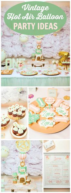 an assortment of vintage party ideas including cookies and desserts