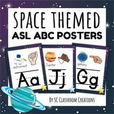 three space themed posters with the letters a, j, and g in front of them