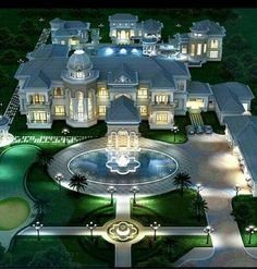 an aerial view of a mansion at night