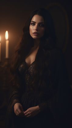 a woman with long dark hair standing in front of two lit candles and looking at the camera