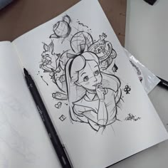 a drawing of a girl with flowers on her head