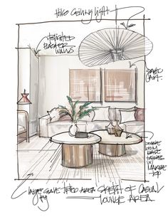 Marker Sketch and Rendering of Interior Living Area with a sofa and tables and large scale artwork. تصميم دورة مياه, Croquis Architecture, Design Portfolio Layout, Interior Design Portfolio Layout, Interior Design Sketchbook, Furniture Design Sketches, Interior Design Student, Interior Design Renderings, Interior Architecture Drawing