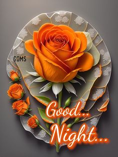 an orange rose sitting on top of a plate with the words good night written below it