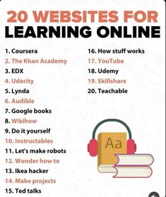 a poster with the words 20 web sites for learning online and an image of headphones on