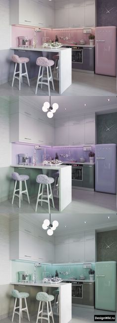 multiple shots of different colored stools in a kitchen