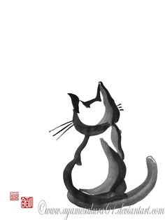 a black and white drawing of a cat sitting on its hind legs, looking up at the sky