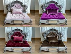 four different types of beds with pillows on them and the names in each bed below