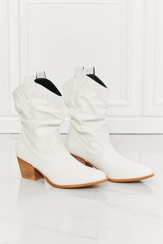 Cowboy boots have taken the internet by storm this season, and these ones are a great pick! They add a sophisticated touch with their scrunch design, which pairs so well with slim-fit jeans or a midi dress. Size fit: True to size Pattern type: Solid Type: Boots Toe: Point toe Heel height: Low heels Heel shape: Block heels Material: PU leather /Wood sole Imported Product measurements: Heel height: 2.5 inchMMShoes has made a name for itself in European and Asian markets through footwear trade show White Cowboy Boots, Asian Market, High Quality Shoes, Pointed Toe Heels, Cow Boy, Winter 2023, Trendy Shoes, Size Pattern, Trade Show