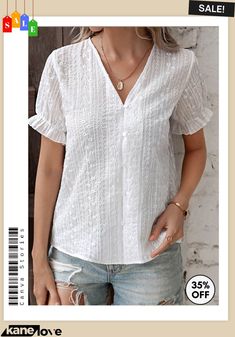 White Button Short Sleeve V Neck Blouse Short Top Patterns For Women, Cotton Shirt For Women, Cotton Tops Designs Casual, White Tops For Women Classy, Fancy Shirts For Women, Short Top Designs, White Tops For Women, Short Sleeve Tops For Women, Cotton Short Tops