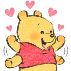 a drawing of winnie the pooh with hearts coming out of his chest and arms