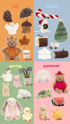 the four images show different types of stuffed animals