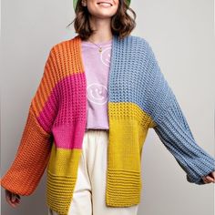 New! Easel Color Blocked Chunky Knit Sweater Cardigan. From Luxury Boutique Label Easel Which Is Carried By Fine Retailers Like Anthropologie And Nordstrom. Features Color: Orange Blue Color Block In Colorful Orange, Blue, Pink & Yellow Dropped Shoulders Relaxed Comfy Fit Open Front Cozy Chunky Woven Knit 100% Acrylic All Items Ship Same Or Next Business Day! Style: Colorful Multicolor Colorblock Patchwork Rainbow Chunky Knit Long Sleeve Knit Brightly Colored Sweater Cardigan Trending Fashion Bl Patchwork Rainbow, Color Block Cardigan, Chunky Knit Sweater, Chunky Knit Cardigan, Trendy Boho, Trending Fashion, Oversized Cardigan, Chunky Knits Sweater, Sweater Set