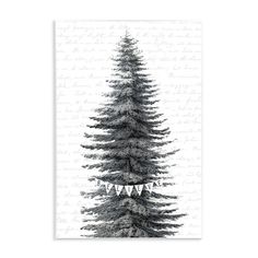 a black and white drawing of a pine tree with pennants on it's branches