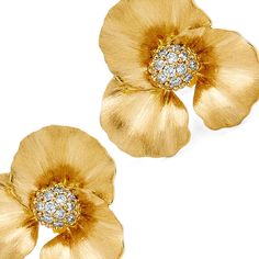 18 karat yellow gold Diamonds 0.30 carats approx. Post backs for pierced ears Length 0.7 inch / Width 0.8 inch approx. Gold Flower Earrings, Dogwood Flowers, Gold Champagne, Earring Trends, Flower Stud Earrings, Flower Stud, Diamond Flower, Champagne Diamond, Gold Flower