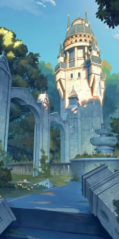 an animated image of a castle in the middle of a forest with stairs leading up to it