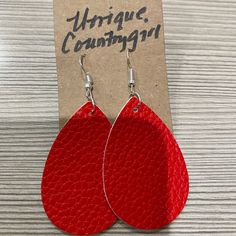 Handmade Earring Sets Casual Red Earrings For Party, Casual Red Party Earrings, Faux Leather Drop Earrings, Red Everyday Earrings, Adjustable Red Leather Earrings, Trendy Red Teardrop Earrings, Red Leather Earrings For Gifts, Red Dangle Earrings For Everyday, Red Dangle Earrings For Everyday Wear