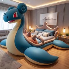 an inflatable bed with a large blue and white dragon on it's side