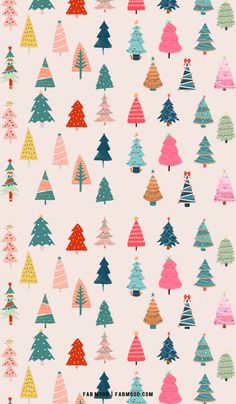 colorful christmas trees are arranged in rows on a light pink background with red and blue dots