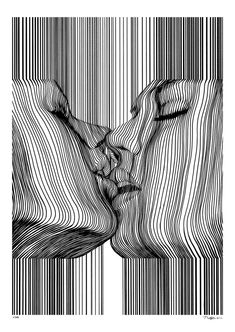 an abstract black and white image of two people kissing each other with lines in the background