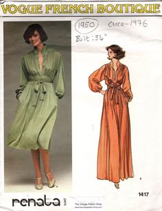 "~ Circa/Date: 1976 ~ Details:   TWO STYLE VARIATION DRESS By VOGUE - Designed by RENATA ~ Size/Measurements:  12 ~ Bust: 34″ ~ Waist: 26 1/2″ ~ Hip: 36\"  (Inches) ~ Please Note: ~ You are buying a 'Professional Reproduced' copy of this sewing pattern. Copied from the original sewing pattern. Produced in Full Scale Pattern Pieces ready to cut with full instructions included. Reproduced on high quality 50 gm paper with black ink, durable and easier for reuse. Printed by a Professional Printing Company.   ~ With this product comes an accompanying 'Booklet' and inside the Booklet it includes: ~ A 2-page Instructions and Illustrations on 'How to Adjust Your pattern to your Personal Measurement.' ~ Personal Measurement Chart ~ Body Form Illustrations ~ Fitting Checklist ~ Metric Equivalency Ch 70s Vogue, French Boutique, Vogue Dress Patterns, Vintage Vogue Patterns, Vintage Vogue Sewing Patterns, Vogue Vintage, Convertible Collar, Vogue Dress, Vogue Sewing